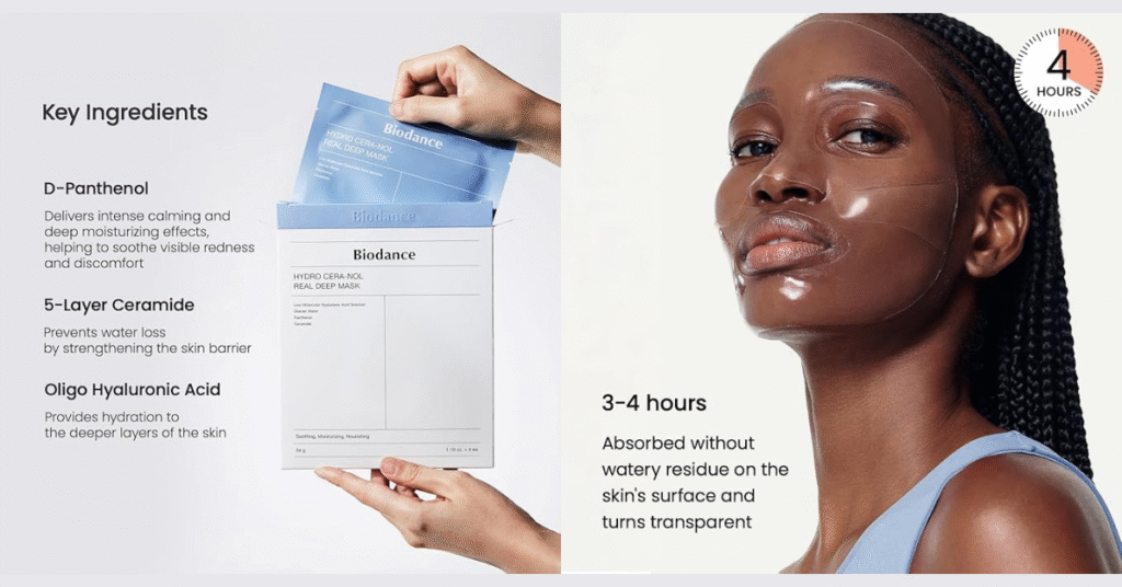  clear, high-resolution image of the BIODANCE Hydro Cera-nol Real Deep Mask packaging, with the hydrogel mask itself partially pulled out to show its texture. The background is a clean, minimalist setting, highlighting the "Biodance Hydrating Mask" focus on simple, effective skincare.