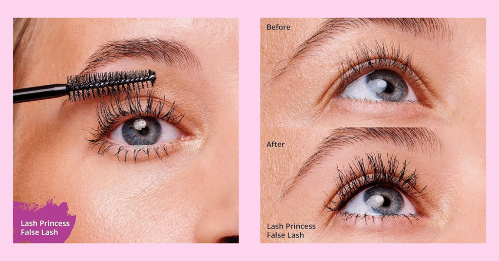 A tube of Essence Viral Mascara Lash Princess False Lash Effect is positioned upright on a clean surface. The conical-shaped wand is shown next to it, coated in black mascara, ready for use.