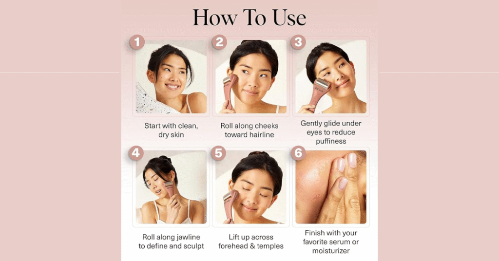 Woman using Kitsch Terracotta Ice Roller on face to reduce puffiness and achieve a glowing, glass-skin effect with a luxurious self-care routine.