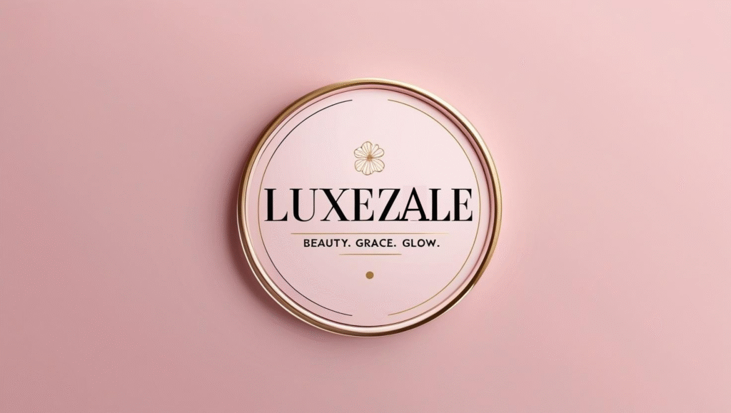 Luxezale beauty banner with elegant layout in soft nude and gold tones, featuring skincare and luxury beauty items on a clean, modern background