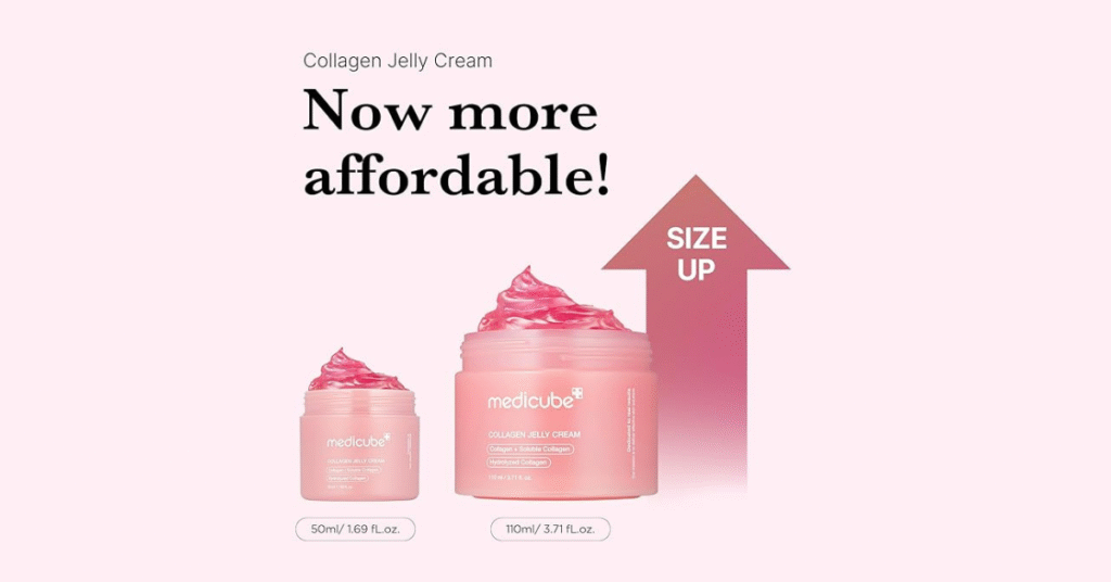 Close-up of Medicube Collagen Cream jar featuring its smooth, jelly-like texture – enriched with niacinamide and freeze-dried hydrolyzed collagen, designed for firm, glowing, glass skin.