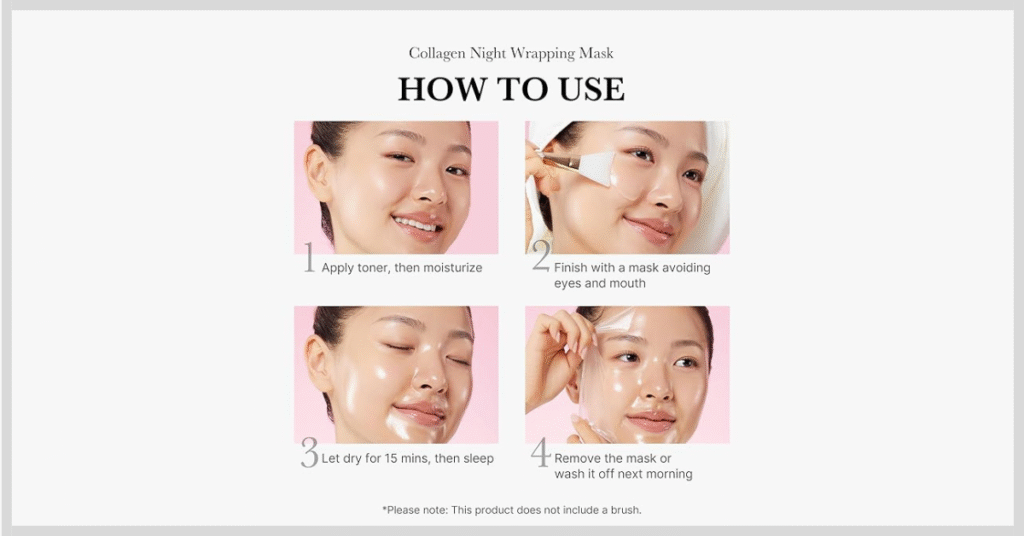 Woman applying Medicube Collagen Overnight Peel-Off Mask for glowing, hydrated skin and improved elasticity – Korean skincare routine for night repair.