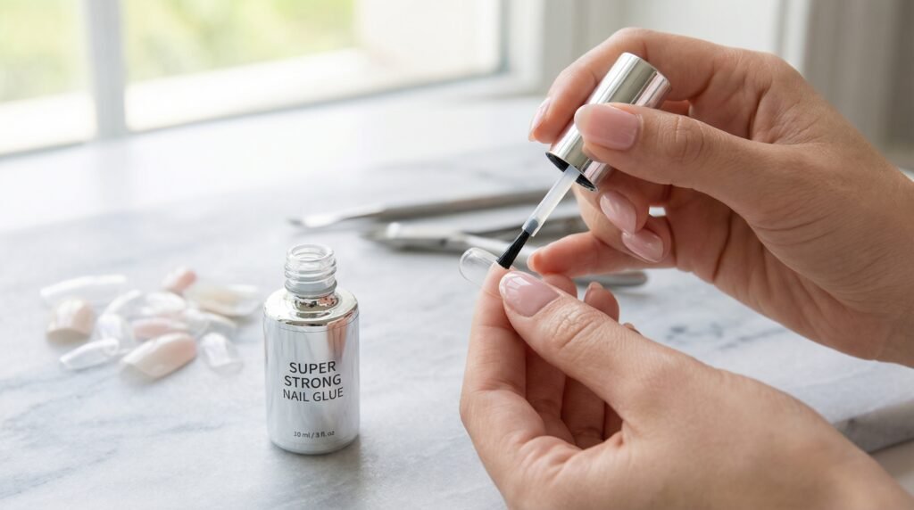 Super strong brush-on nail glue for press-on nails, nail tips, and acrylic fake nails, showing precise mess-free application and long-lasting professional nail adhesion.