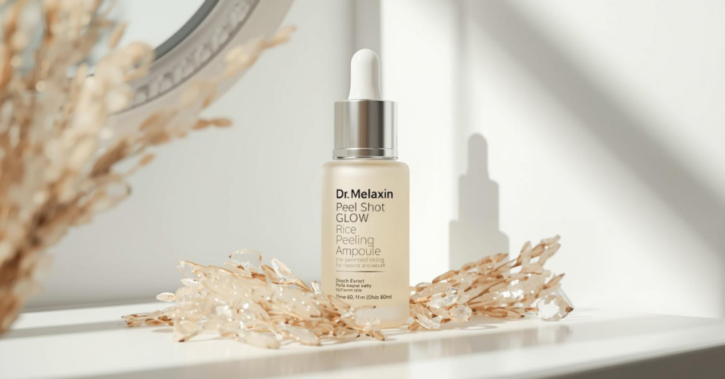 Dr.Melaxin Peel Shot Glow Rice Peeling Ampoule 80ml on a clean vanity, gentle daily exfoliant for face and body, removes dead skin cells and blackheads